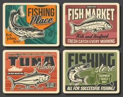 pêche sport affiches avec poisson, pêcheur tacle vecteur