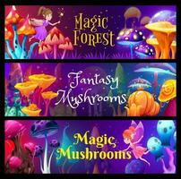 Fée dans fantaisie la magie champignon forêt bannières vecteur
