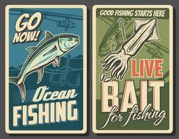 pêche rétro affiches, thon poisson et calamar capture vecteur