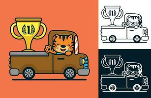 marrant chat sur un camion porter gros trophée. vecteur dessin animé illustration dans plat icône style