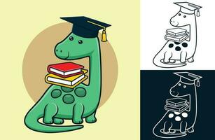 dinosaure portant l'obtention du diplôme chapeau porter livres sur il dos. vecteur dessin animé illustration dans plat icône style