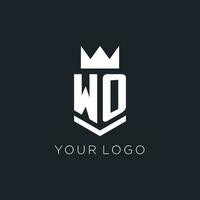 wo logo avec bouclier et couronne, initiale monogramme logo conception vecteur