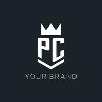 PC logo avec bouclier et couronne, initiale monogramme logo conception vecteur