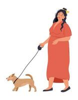 plein plat magnifique Jeune femme dans une robe en marchant une chien sur une laisse. vecteur isolé illustration de une fille avec une animal de compagnie.