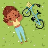 Haut vue de fille mensonge sur le herbe avec vélo vecteur