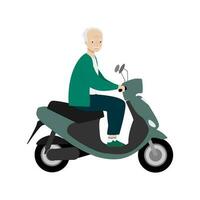 Sénior homme en voyageant sur moderne moteur scooter. vieux homme équitation électrique scooter. isolé vecteur illustration