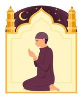 homme musulman prie Dieu et le cadre de la mosquée est le fond.