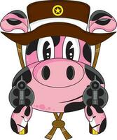 mignonne dessin animé sauvage Ouest lancer des armes à feu porc cow-boy shérif avec six tireur pistolets vecteur