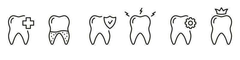 dentaire diagnostique ligne icône ensemble. mal aux dents, dent calcul, les dents réparation linéaire pictogramme. dentaire couronne, oral se soucier. dentisterie symbole. dentaire traitement. modifiable accident vasculaire cérébral. isolé vecteur illustration.