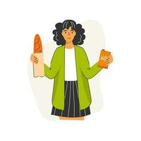 gluten gratuit aliments. femme en portant une pain et une lait. sans gluten alternatives. concept de en bonne santé alimentaire, personnel régime. vecteur illustration.