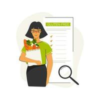 une femme est en portant une sac de des légumes. recherche gluten gratuit aliments. sans gluten alternatives. concept de en bonne santé alimentaire, personnel régime. pouvez être utilisé pour social médias bannière, la toile page, prospectus et autre. vecteur