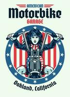 ancien T-shirt conception américain femme motard équitation hachoir moto vecteur