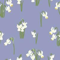 narcisse triandre sans couture modèle. main tiré blanc jonquilles sur lavé bleu Contexte. printemps fleurs vecteur