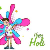 Indien Festival de couleurs, content Holi concept avec un Indien garçon en jouant avec pistolet de couleur et Couleur éclaboussure contre blanc Contexte. vecteur