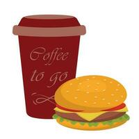 Burger et tasse de café - mignonne dessin animé coloré photo. graphique conception éléments pour menu, affiche, brochure. vecteur illustration de vite nourriture pour bistro, snack-bar, café ou restaurant.