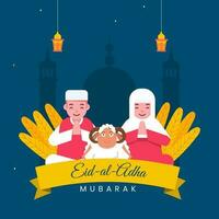 eid Al adha mubarak concept avec islamique couple Faire namaste, dessin animé mouton, feuilles et pendaison lanternes sur bleu silhouette mosquée Contexte. vecteur