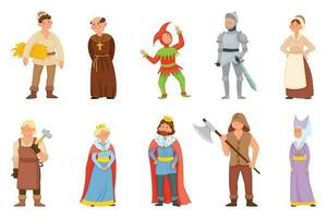 dessin animé historique médiéval personnages, Roi et reine, princesse. milieu âge chevalier, forgeron, paysan, bouffon personnage vecteur ensemble