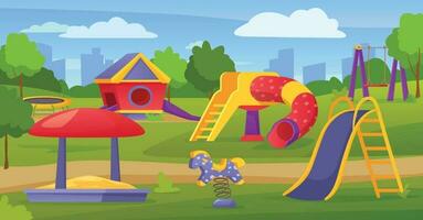 vide les enfants Extérieur terrain de jeux dans ville parc ou cour d'école. dessin animé Jardin d'enfants jouer zone avec glisser, balançoire, bac à sable vecteur illustration