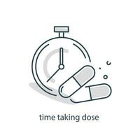 temps à prendre médecine, temps à prendre pilules illustration symbole. signe pilules et l'horloge vecteur plat