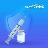 covid-19 vaccination concept avec vaccin bouteille, seringue et Sécurité bouclier sur pente bleu Contexte. vecteur
