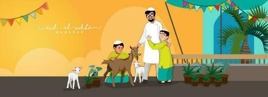illustration de musulman homme avec le sien fils et chèvres personnage sur broan et Orange Contexte pour Aïd al-Adha moubarak. vecteur