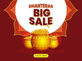 dhanteras gros vente affiche conception avec or pièce de monnaie des pots sur rouge mandala modèle Contexte. vecteur