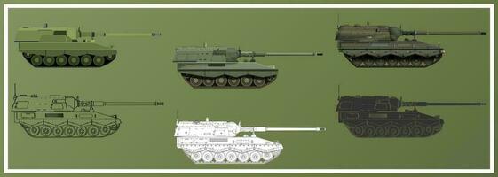 artillerie système ensemble. auto-propulsé obusier. allemand 155 mm panzerhaubitze 2000. militaire blindé véhicule. détaillé coloré vecteur illustration isolé sur blanc Contexte.