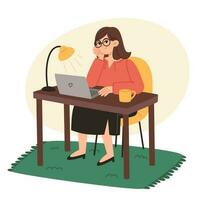 Jeune femme séance à bureau et travail sur portable à maison, plat style illustration vecteur