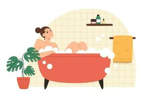 Jeune femme prise une une baignoire avec mousse, plat style illustration vecteur