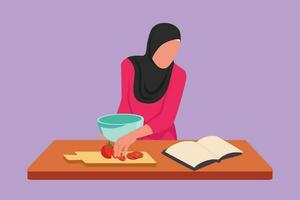 dessin animé plat style dessin arabe femme cuisine repas tandis que en train de lire Didacticiel livre sur confortable cuisine table à maison. content épouse en train de préparer en bonne santé nourriture pour famille petit déjeuner. graphique conception vecteur illustration