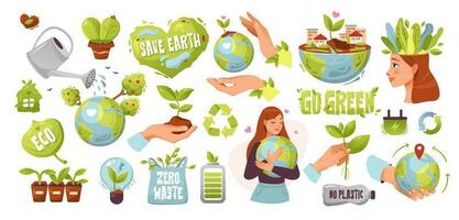 monde environnement journée. éco ensemble. enregistrer le Terre, zéro déchets, non Plastique, aller vert, alternative énergie, éco concept. dessin animé vecteur illustration.