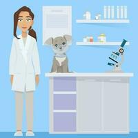 femme médecin dans médical robe avec chien dans vétérinaire Bureau vecteur