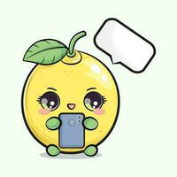 mignonne marrant citron fruit avec une téléphone intelligent dans main. vecteur main tiré dessin animé kawaii personnage illustration icône. isolé sur vert Contexte. citron personnage concept