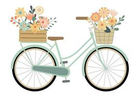 dessin animé pastel Couleur vélo avec printemps fleurs dans Caisse et panier. isolé sur blanc Contexte. ancien bicyclette porter panier, Caisse avec fleurs et les plantes. vecteur illustration.