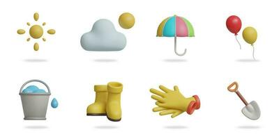 temps et jardinage équipement 3d vecteur icône ensemble. soleil, ensoleillé nuage, parapluie, ballon, seau, jardin bottes, jardinage gants, pelle