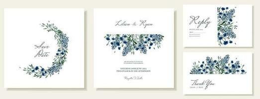 carré mariage invitations et remercier vous cartes avec dessiné à la main aquarelle été sauvage bleu fleurs. vecteur modèles