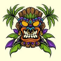 coloré en colère tiki tête avec feuilles et paume arbre vecteur illustration pour logo, T-shirt, et autocollant