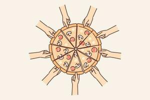 mains atteindre en dehors à Pizza à choisir en haut pièce de délicieux italien casse-croûte avec fromage et pepperoni. Haut vue de Pizza cuit selon à traditionnel italien cuisine recette avec champignons et tomates vecteur