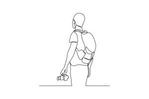 Célibataire un ligne dessin content garçon avec vacances costume et sac. été plage concept. continu ligne dessiner conception graphique vecteur illustration.