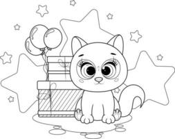 coloration page. dessin animé de bonne humeur chaton avec cadeaux et des ballons vecteur