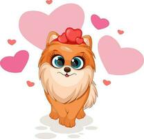 dessin animé mignonne chien, poméranien loulou avec cœurs, l'amour carte vecteur