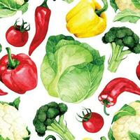 aquarelle dessin. sans couture modèle avec des légumes. chou, poivrons, tomates, chou-fleur, brocoli sur une blanc Contexte vecteur