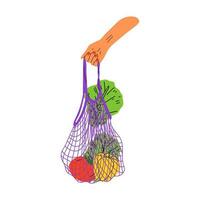 main tenir éco sac. gens apporter posséder sac pour épicerie. réutilisable Plastique gratuit pack avec aliments. zéro déchets des produits pour achats vecteur concept. éco sac client, biologique vert écologique illustration