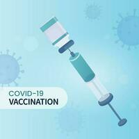 covid-19 vaccination concept avec seringue à l'intérieur vaccin bouteille sur bleu coronavirus affecté Contexte. vecteur
