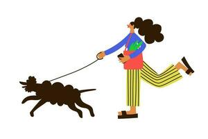 Jeune femme en marchant chien. vecteur main tiré illustration.