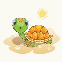 dessin animé mignon tortue sur la plage vecteur