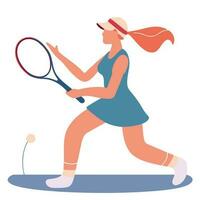 blond blanc femme en jouant tennis avec raquette vecteur