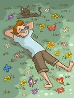 Jeune homme se détendre sur le herbe dessin animé vecteur