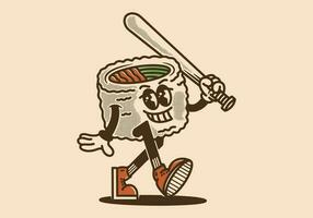mascotte personnage conception de une Sushi rouleau en portant une base-ball bâton vecteur