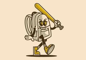 mascotte personnage conception de une école sac en portant une base-ball bâton vecteur
